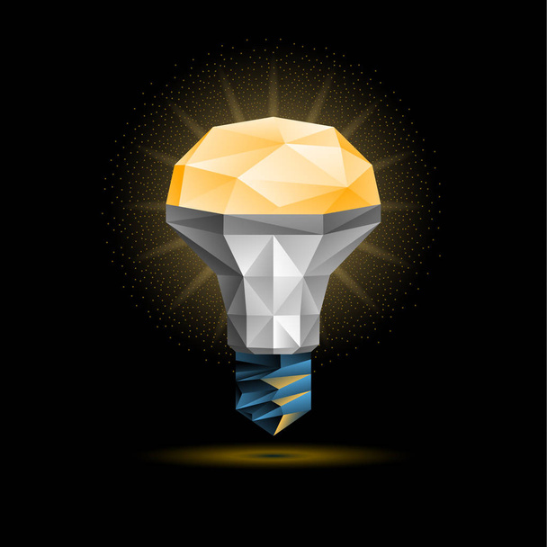 Glowing yellow 3d low poly led light bulb model. Vector polygonal bulb illustration on a black background. - Vector, Image