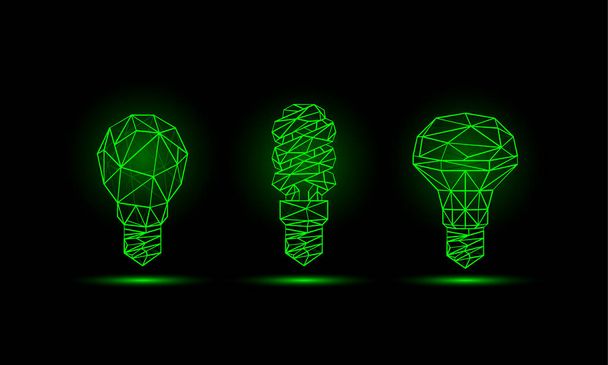 Various green neon low poly light bulbs models. Glowing polygonal bulbs set on a black background - Vector, Image