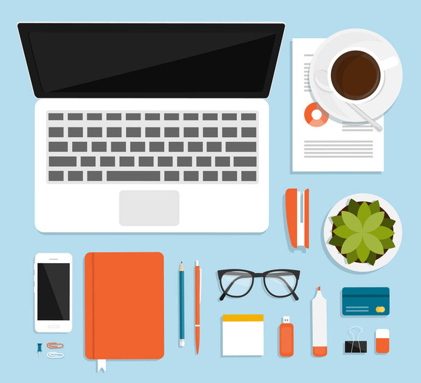 Workplace for business, management and IT. View from above. Laptop, mobile phone, notebook and office supplies on the desktop - Vector, Image
