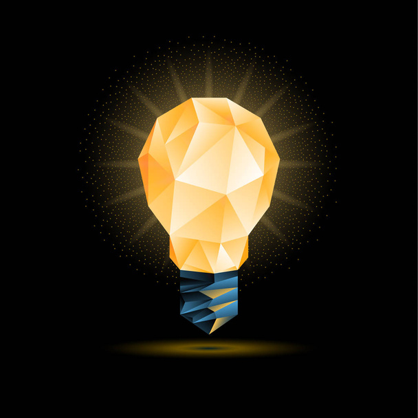 leuchtend gelbe 3d Low-Poly-Glühbirne Modell. Vektorpolygonale Glühbirnenillustration auf schwarzem Hintergrund. - Vektor, Bild