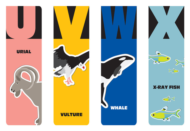 Bookmarks - dierlijke alfabet u voor urial, v voor gier, w voor wh - Vector, afbeelding