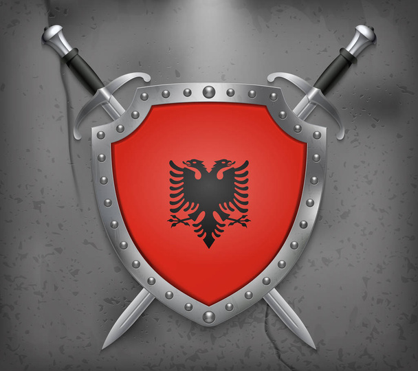 Vlajka Albánie. Štít s národní vlajkou. Dvě zkřížené Swor - Vektor, obrázek