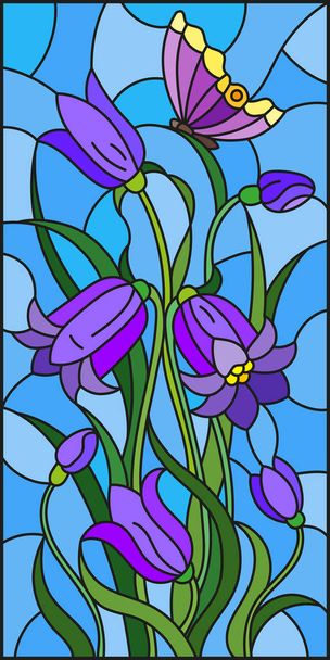Illustrazione in stile vetrate con foglie e campanelli fiori, fiori viola e farfalla su sfondo cielo
 - Vettoriali, immagini