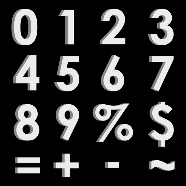 White 3D numbers and symbols on black background.  - Διάνυσμα, εικόνα