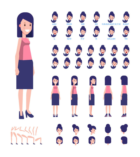 Front, oldalsó, hátsó nézet animált karakter. Nő megalkotása készlet-val különböző nézetek, frizura, arc, jelent gesztusokat és érzelmeket. Rajzfilm stílusú, lapos vektor  - Vektor, kép
