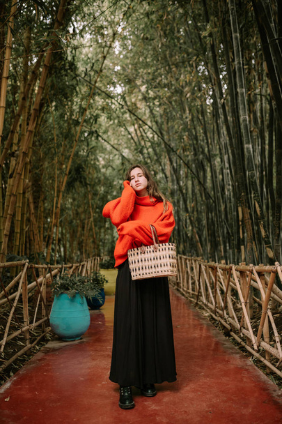 Mujer joven en un sendero de árboles de bambú
 - Foto, imagen