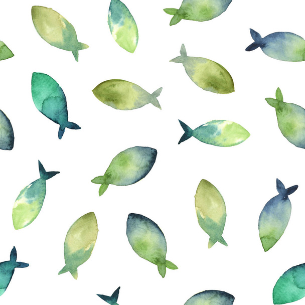 Watercolor seamless pattern of simple silhouette green and blue  - Foto, Imagem