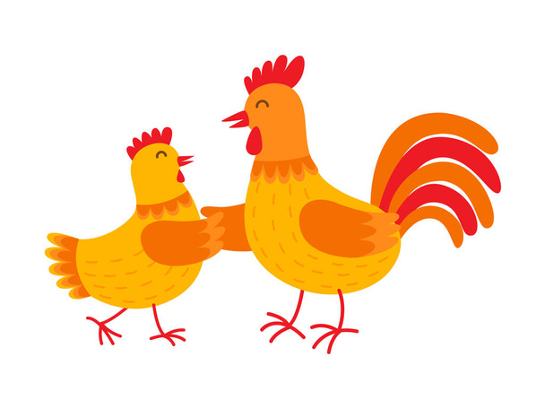 La gallina y el gallo divertidos están bailando ilustración plana vectorial aislada sobre fondo blanco. Lindos personajes de dibujos animados de gallina y gallo naranja
. - Vector, Imagen
