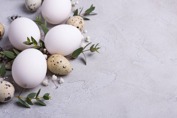 Easter spring decorative composition  with easter quail, chicken eggs and leaf sprigs of eucalyptus. On a gray concrete background with place for text. - Fotografie, Obrázek