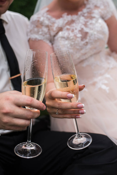 The bride and groom holding glasses with champagne. Wedding glasses - Zdjęcie, obraz