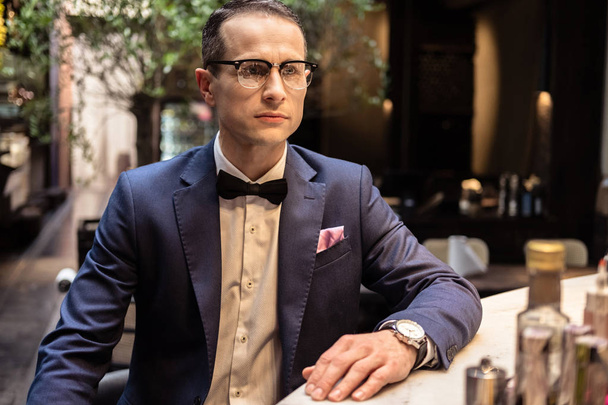 handsome man in stylish suit sitting at bar counter of luxury restaurant - Foto, imagen