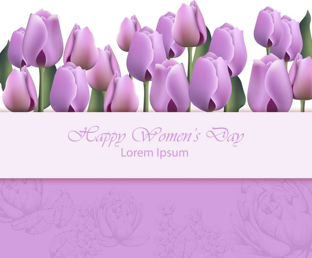 Tarjeta de día para mujer con flores de tulipán púrpura. Fondos realistas vectoriales
 - Vector, imagen