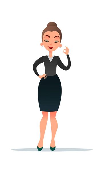 Well done. Good work. Beautiful cartoon businesswoman smiling and showing OK sign. - Vector, Image
