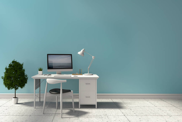 rendu 3D d’intérieur moderne salon lumineux espace de travail avec des plantes bureau et ordinateur portable, ordinateur et vert  - Photo, image