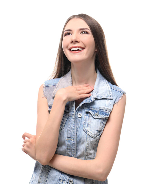 Portrait of beautiful smiling woman on white background - Zdjęcie, obraz