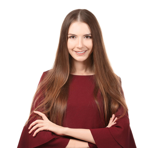 Portrait of beautiful smiling woman on white background - Fotografie, Obrázek