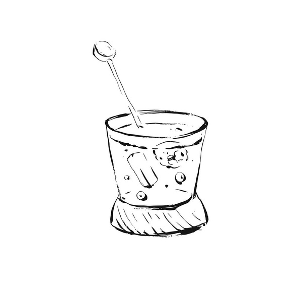 Το χέρι συντάσσονται αφηρημένη καλλιτεχνική μαγείρεμα μελάνι σκίτσο εικονογράφηση φορέα αλκοόλ ποτήρι κοκτέιλ κούνημα ποτό απομονωμένα σε λευκό φόντο - Διάνυσμα, εικόνα