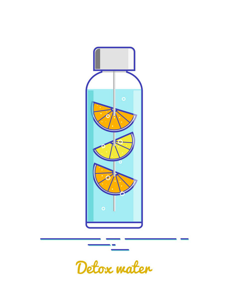 Bottiglia di vetro o plastica con pezzi di acqua, arancia e limone. Acqua di disintossicazione
. - Vettoriali, immagini