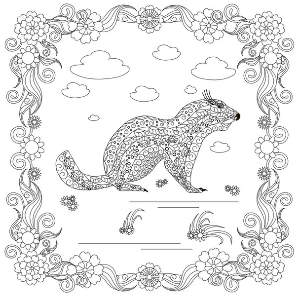 Marmotte monochrome dessinée à la main, nuages, fleurs, cadre. Illustration vectorielle anti stress
 - Vecteur, image
