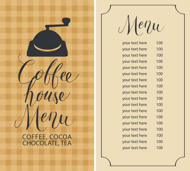 koffie huis menu met prijslijst en koffiemolen - Vector, afbeelding