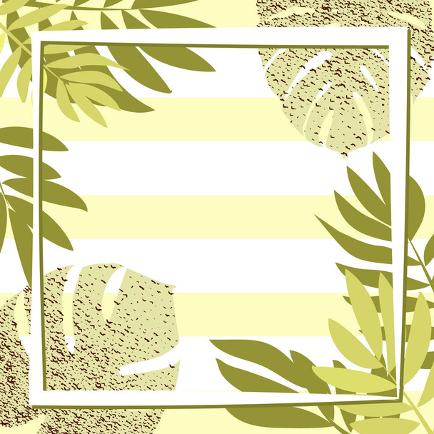 Zelené tropické listy s rámem. Proužkované pozadí - Vektor, obrázek