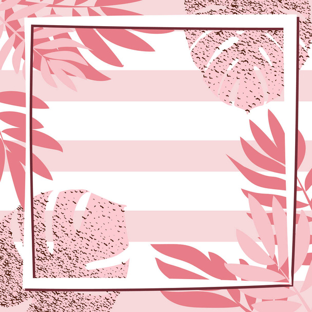 Pink tropical leaves with frame. Striped background - Wektor, obraz
