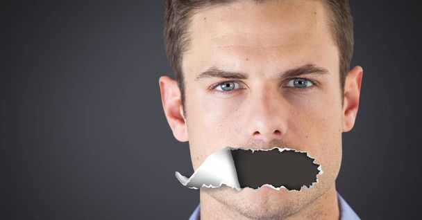 Digital composite of Man with torn paper on mouth - Foto, Imagem