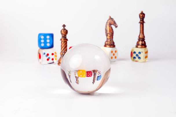 Metal Chess and Wood plastic dice crystal ball  - Photo, Image