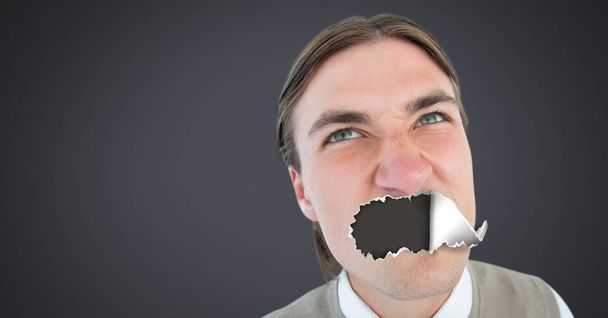 Digital composite of Man with torn paper on mouth - Φωτογραφία, εικόνα