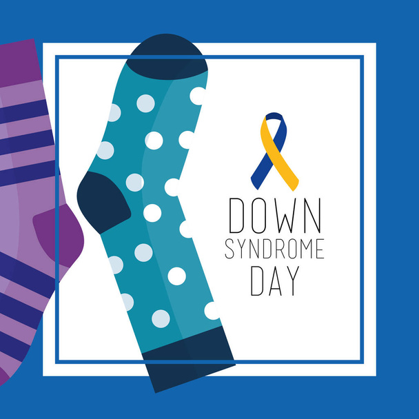 Ευχετήρια κάρτα ημέρα για το σύνδρομο Down με τελείες και ριγέ κάλτσες - Διάνυσμα, εικόνα