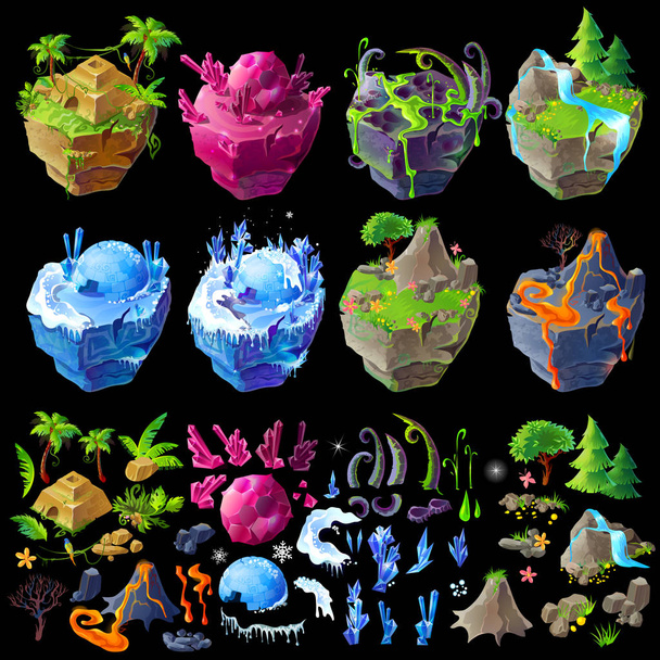 Vector isometric 3d fantastic islands, details for gui, game design. Cartoon illustration of different landscapes - ベクター画像