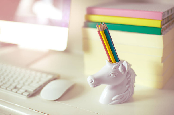 workspace front view computer keyboard mouse and unicorn pencil holder, rainbow colour pencils and books on background, rainbow colours - Photo, image