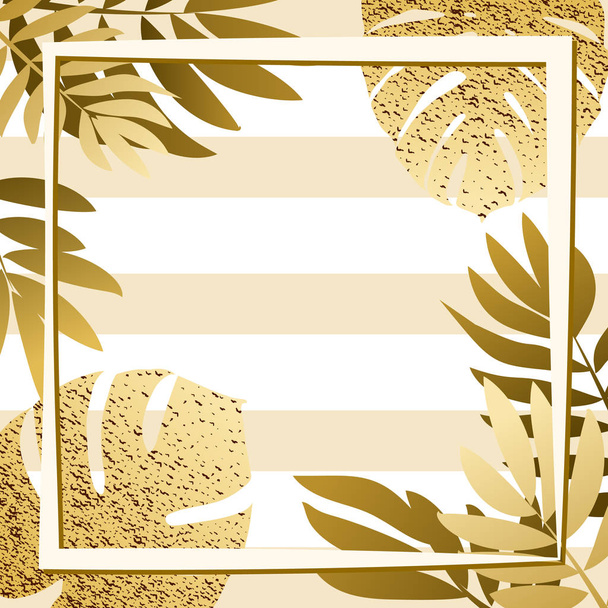 Zlatá tropické listy s rámem. Proužkované pozadí - Vektor, obrázek