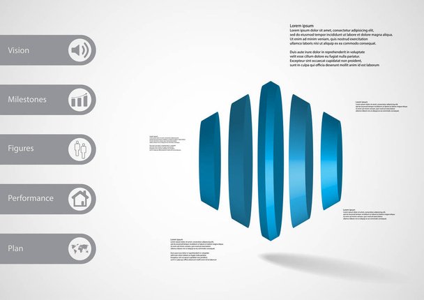 3D illustratie infographic sjabloon met ronde zeshoek verticaal verdeeld naar vijf delen - Vector, afbeelding