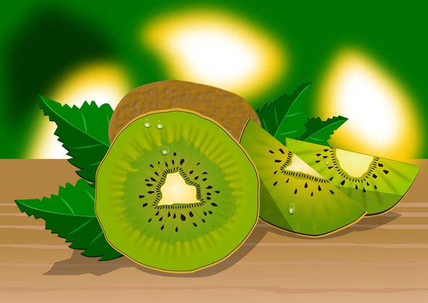 Fruto kiwi rebanado con fondo borroso
. - Vector, Imagen
