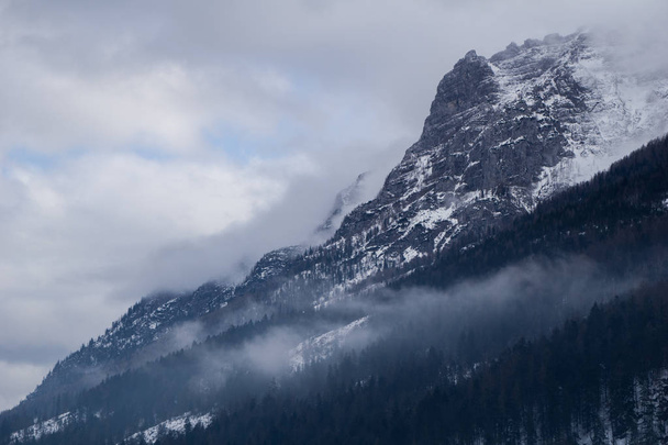 Драматичний гірський краєвид з туманом, що вкриває ліс, і хмари, що поглинають вершини біля австрійського міста Вейдрінг. - Фото, зображення