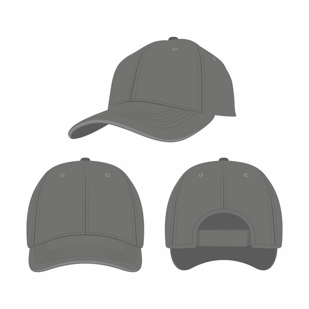 Gorra de béisbol negra aislada sobre fondo blanco. Vistas frontal, lateral y posterior
 - Vector, imagen