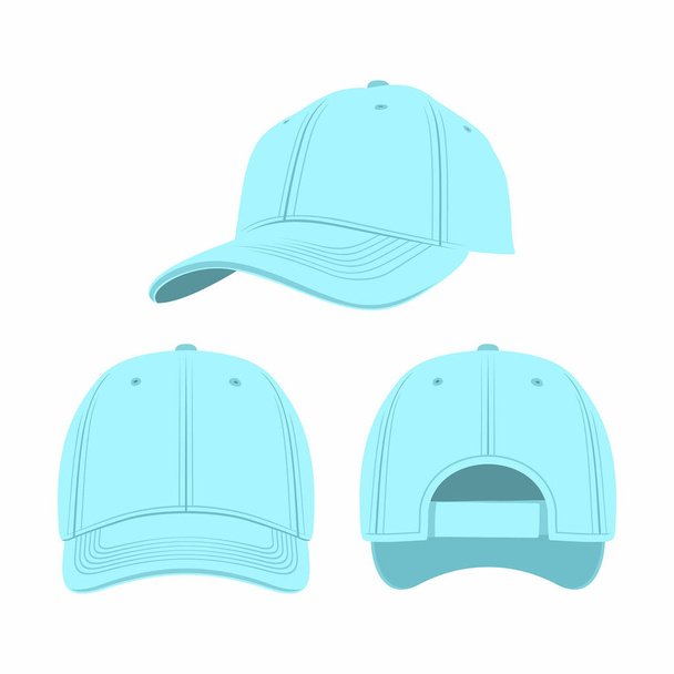 青い野球帽は、白い背景で隔離。フロント、サイド、バックの景色 - ベクター画像