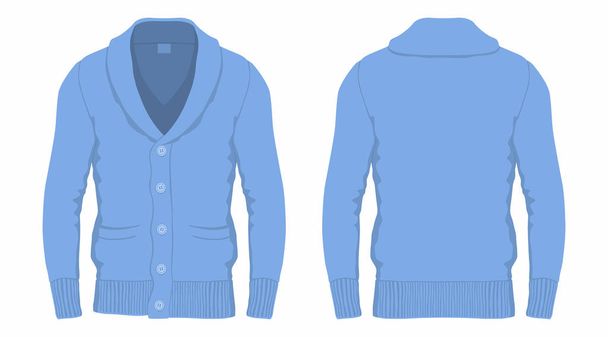 Men's blue cardigan. Front and back views on white background - Vector, Image