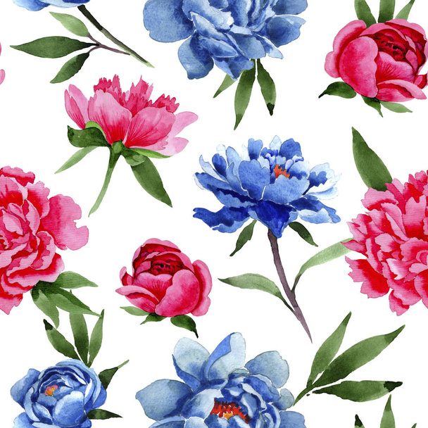 Wildflower red and blue peonies flowers pattern in a watercolor style. - Foto, immagini