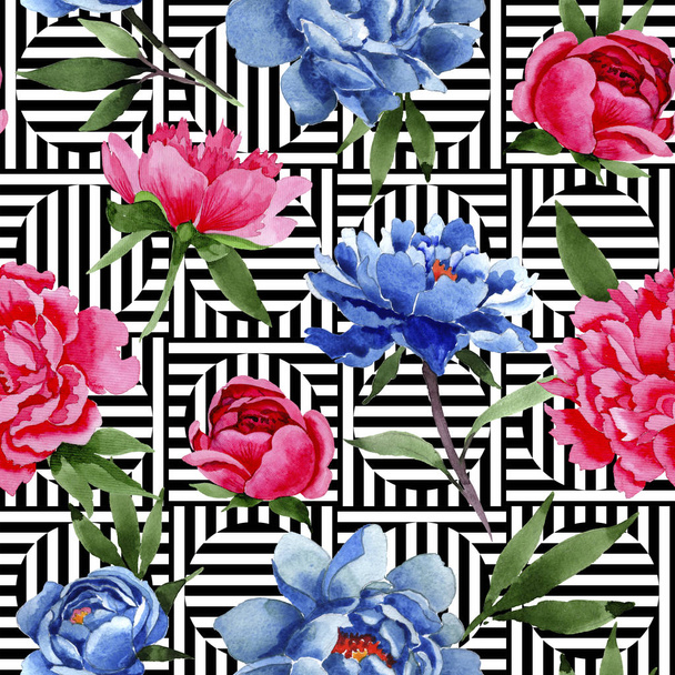 Wildflower red and blue peonies flowers pattern in a watercolor style. - Foto, Imagen