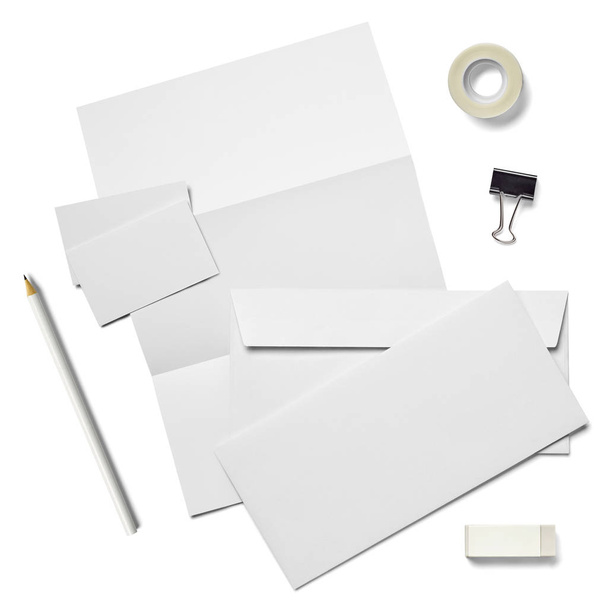 коллекция различных белых бизнес-печати, карандаш, складной клип шаблоны на белом фоне. каждого расстреливают по отдельности - Фото, изображение