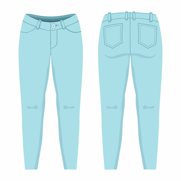 Women's light blue jeans. Front and back views on white background - Wektor, obraz