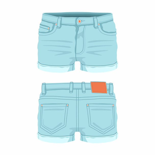Pantalones cortos de mezclilla azul claro para mujer. Vistas frontal y trasera sobre fondo blanco
 - Vector, Imagen
