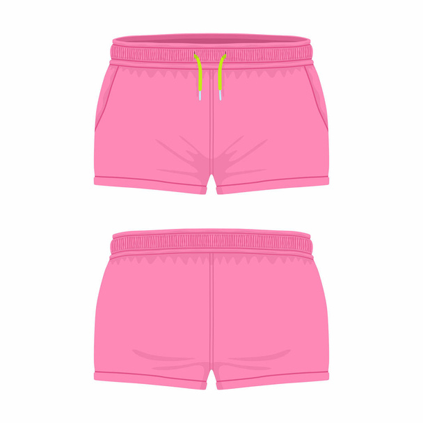 Pantalones cortos deportivos rosas para mujer. Vistas frontal y trasera sobre fondo blanco
 - Vector, Imagen