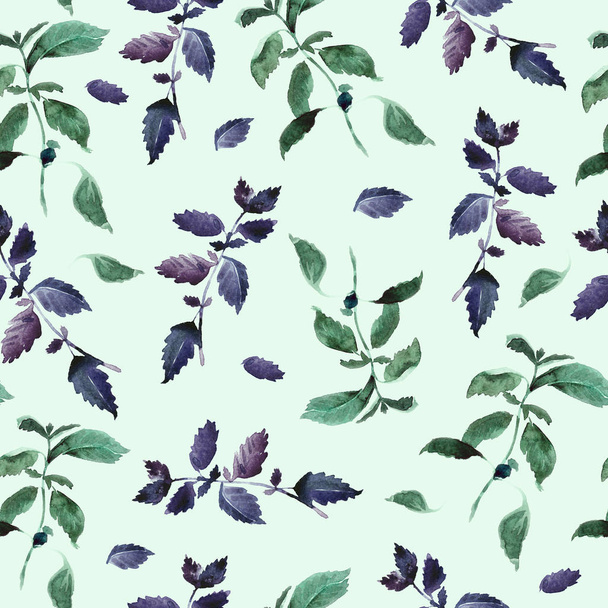 Seamless green basil pattern, Watercolor violet basil decor, beautiful cooking spices background with natural watercolor illustration and art for craft label design, bright vegetarian banners, menu of restaurants. - Foto, Imagen