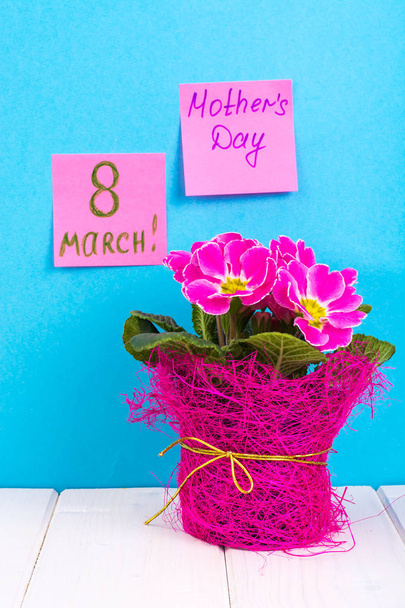 Nemzetközi női nap március 8. Emlékeztető, lemezek, a világos háttér. Csokor virág a fából készült asztal - Fotó, kép
