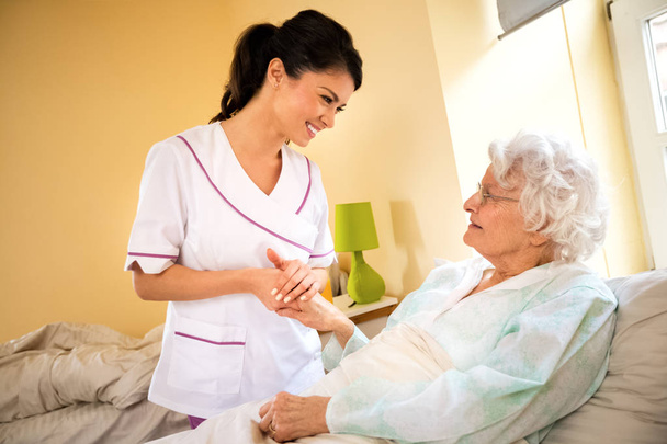 Beautiful nurse holding hand of old senior patient and comfort h - 写真・画像