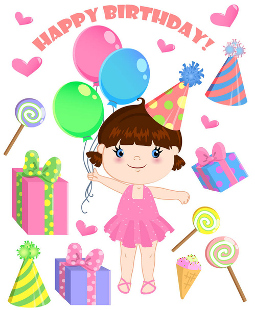 Set of vector birthday cartoon party elements and a cute girl. - Wektor, obraz