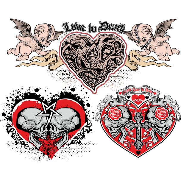 valentinky lebky se srdcem, grunge vintage design trička sada - Vektor, obrázek
